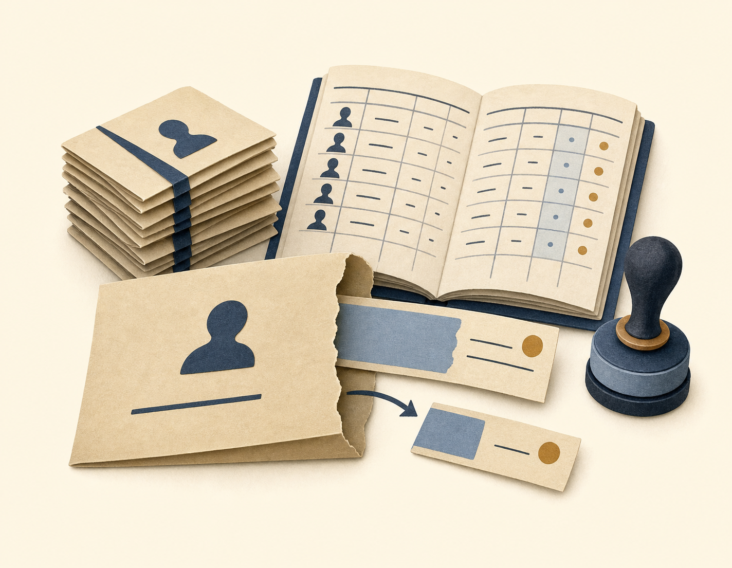 Personnel cards, a payroll ledger book and an official rubber stamp.