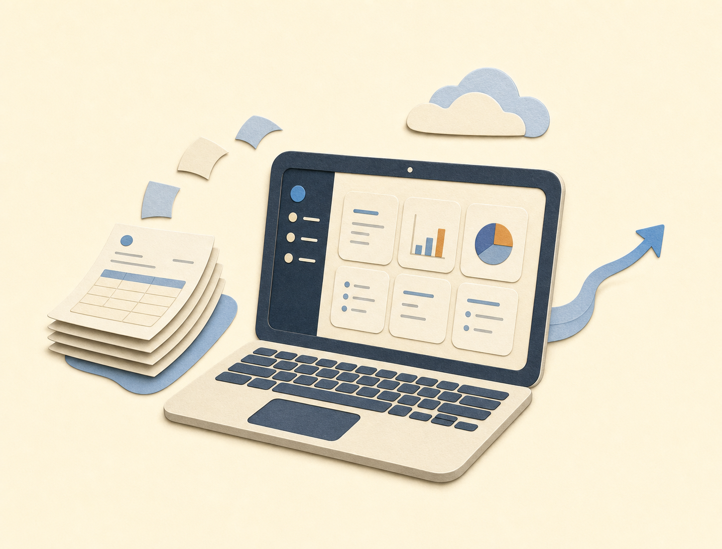 Invoices flowing into a laptop dashboard.