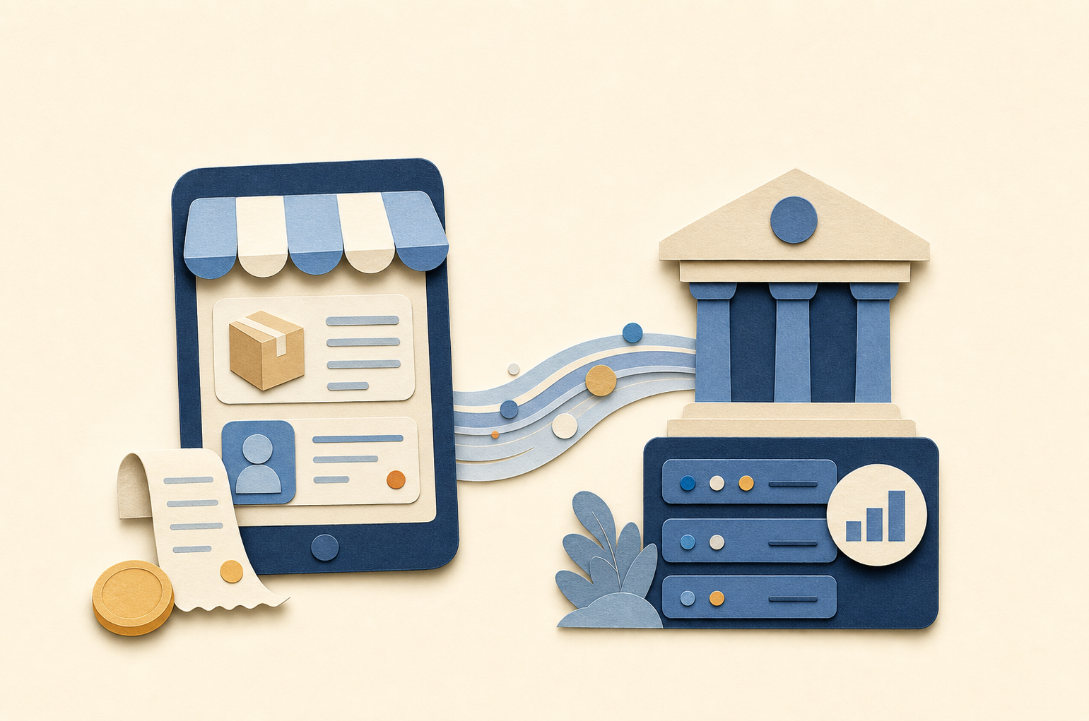 A marketplace storefront on a phone, with seller income flowing as a data ribbon into HMRC.